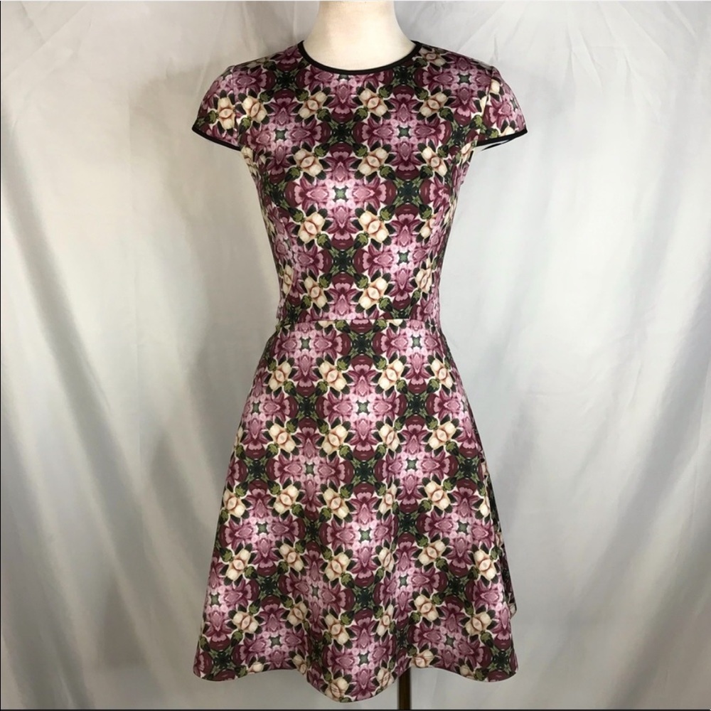 Ted Baker pink/green Ebine geometric floral cap sleeve skate dress. Size 1